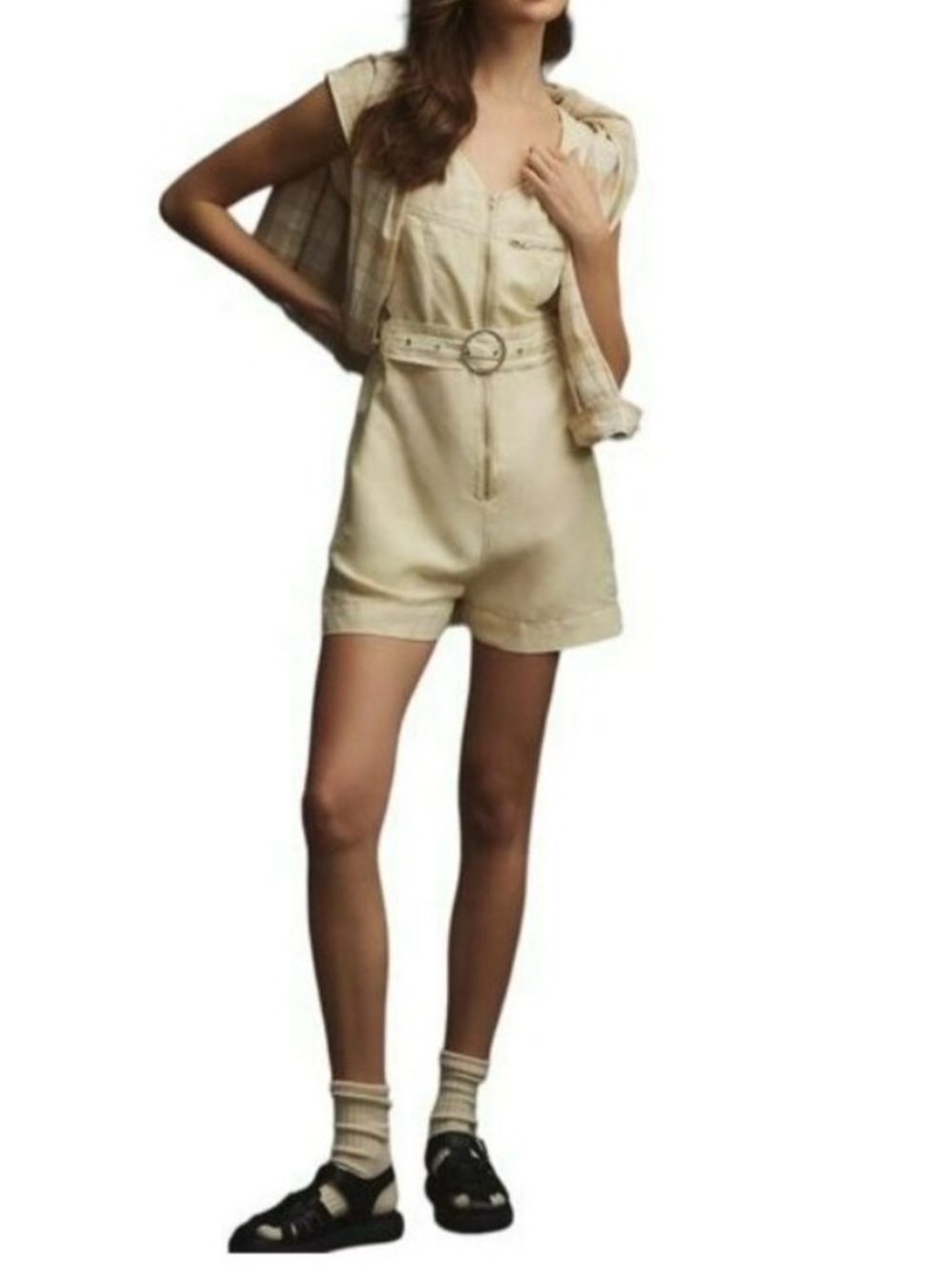 Anthropologie $168 Beige Pilcro Belted Utility Zip Romper One Piece NWT Medium